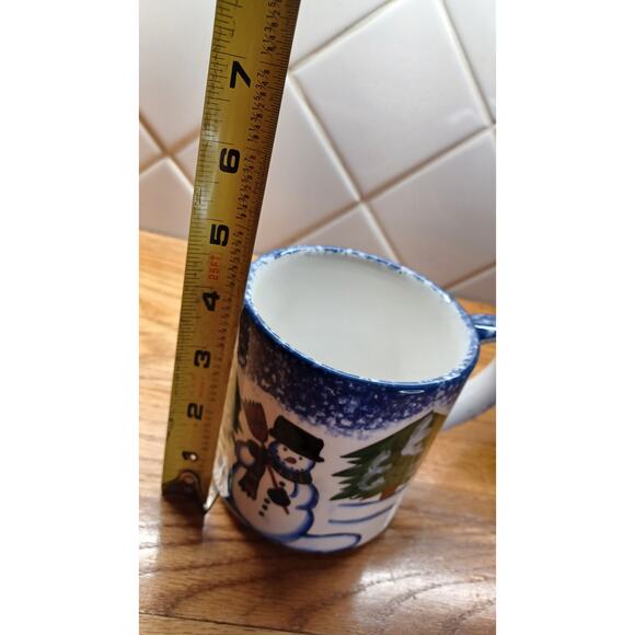 Snowman Teapot and 2 Snowman Mugs Blue Ceramic Christmas Winter - Picture 16 of 16